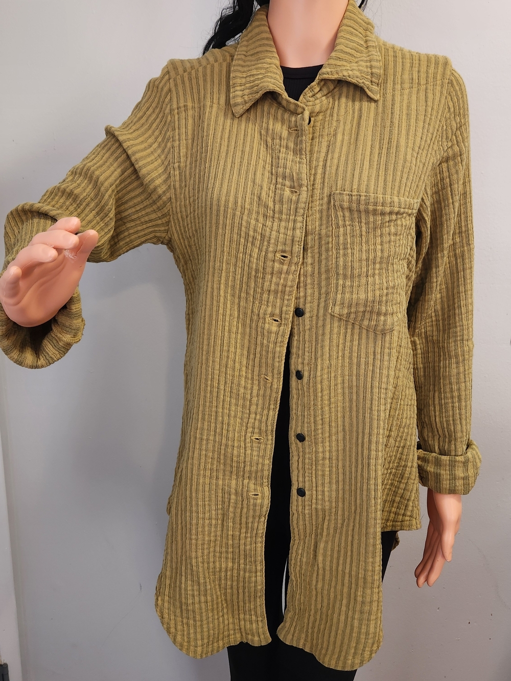 Olive Green Long Button-Up Tunic Shirt